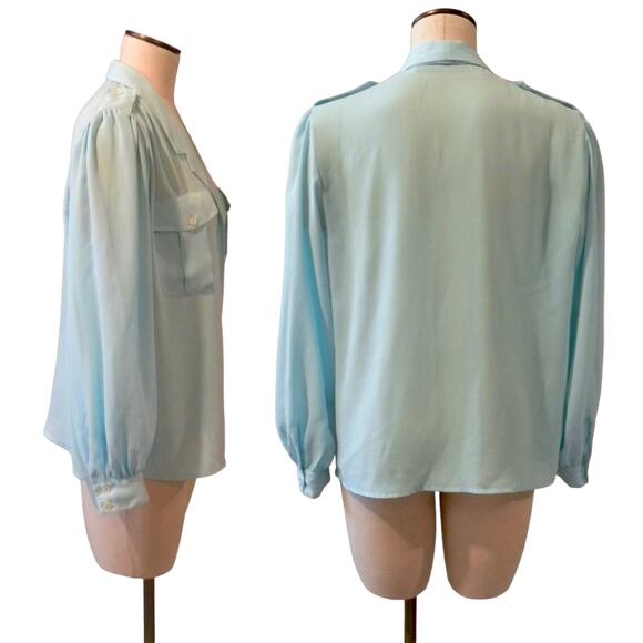 90s Y2K Semi Sheer Turquoise Blouse w Epaulettes CHAUS | S - Picture 8 of 8